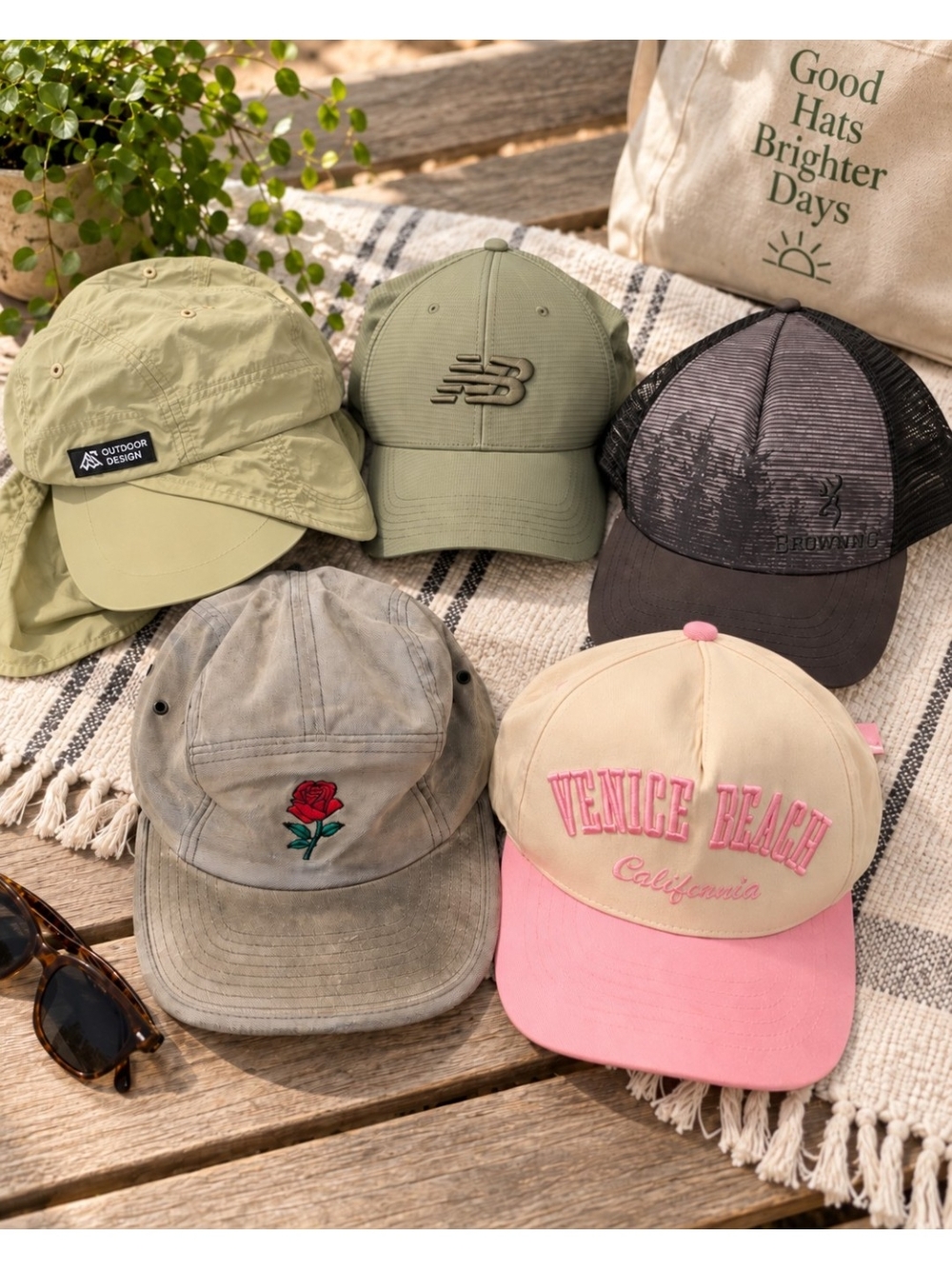5 Hat Lot New Balance Browning Yupoong DPC Venice Beach Adjustable Caps